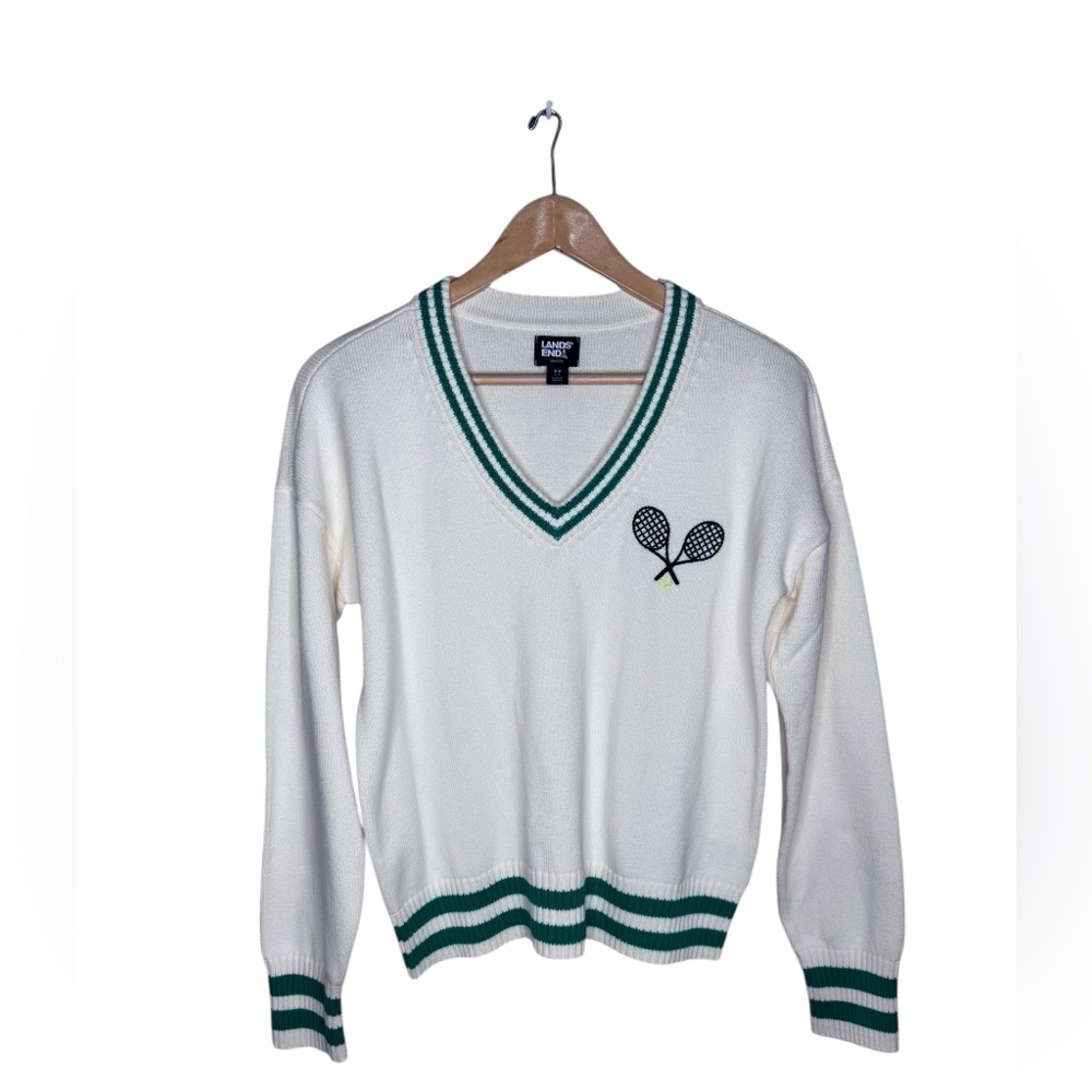 Lands End Women's Drifter Varsity Vneck Tennis Sweater with Crest XS/S - Picture 4 of 8